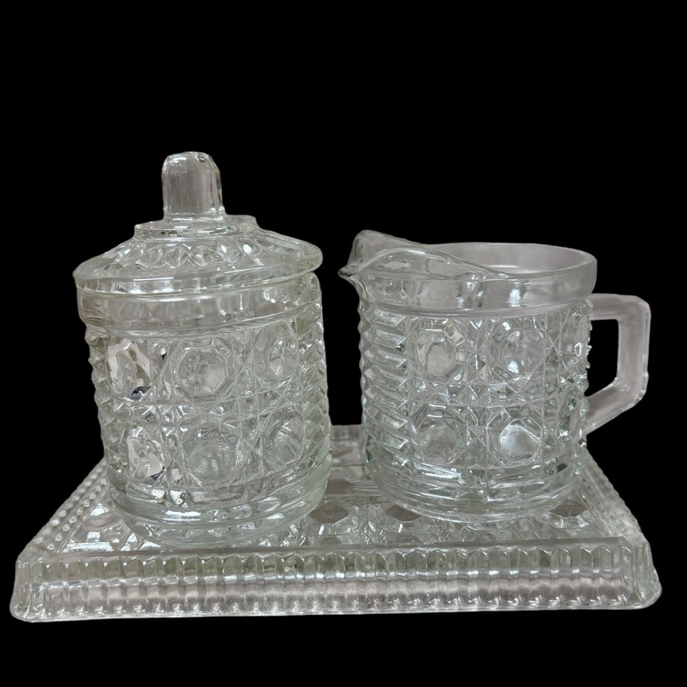 FEDERAL GLASS WINDSOR pressed glass cream and sugar on tray